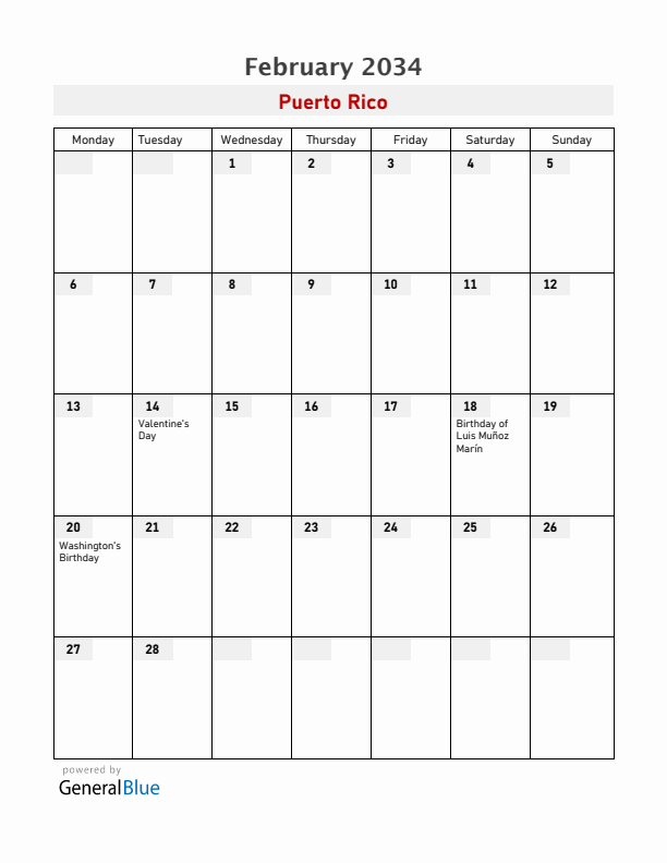 Puerto Rico February 2034 Calendar with Holidays