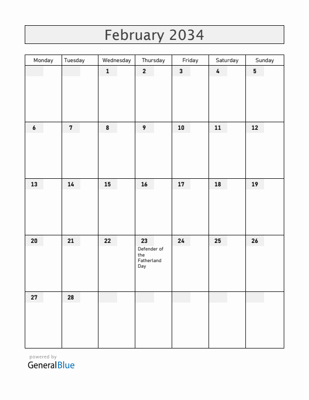 Russia February 2034 Calendar with Holidays