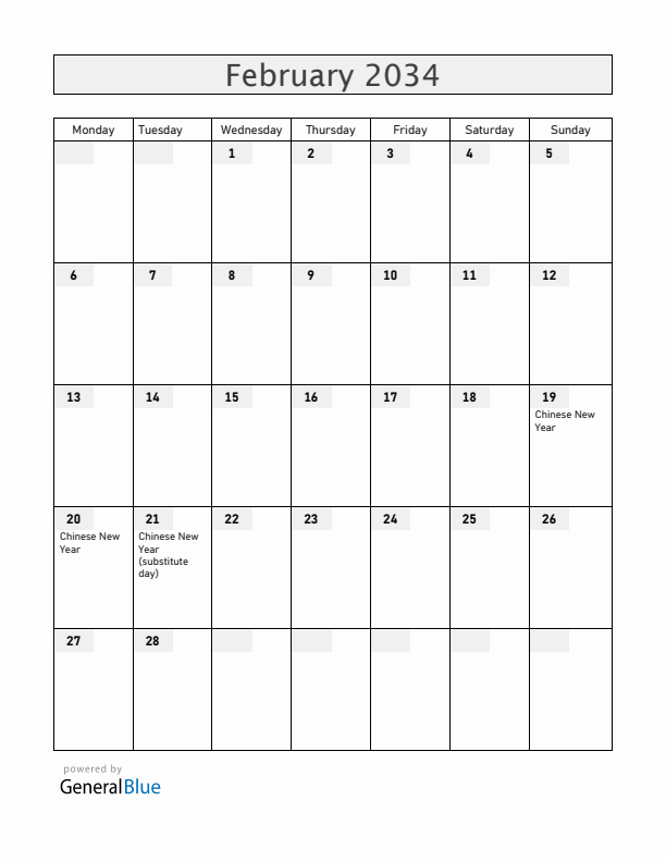Singapore February 2034 Calendar with Holidays