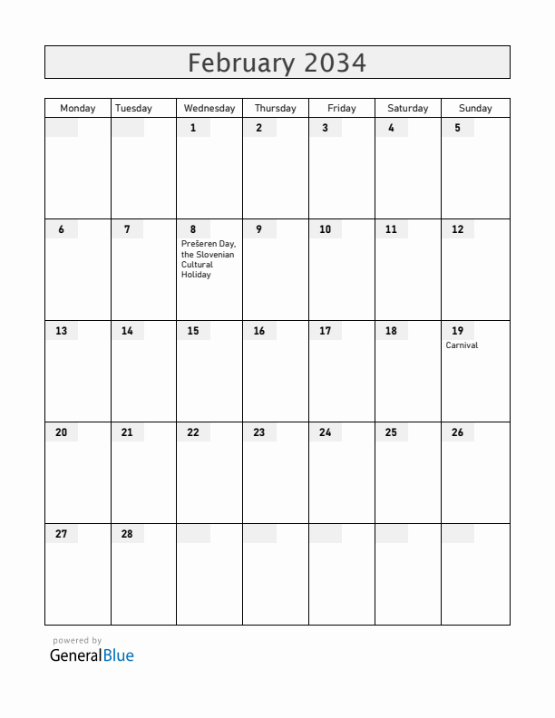 Slovenia February 2034 Calendar with Holidays