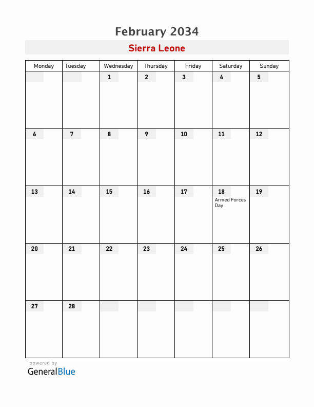 Sierra Leone February 2034 Calendar with Holidays