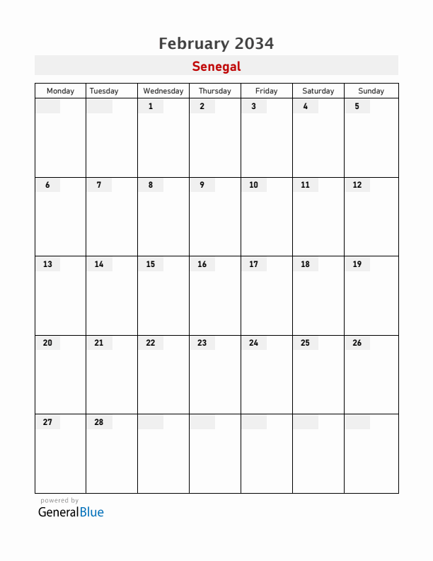 Senegal February 2034 Calendar with Holidays