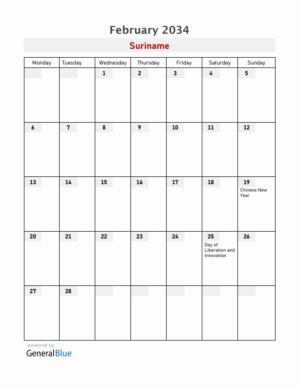 Suriname February 2034 Calendar with Holidays