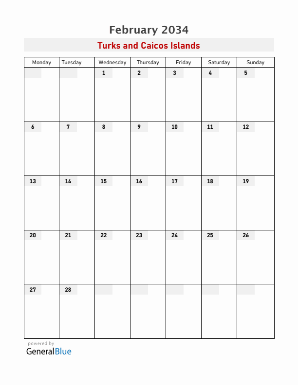 Turks and Caicos Islands February 2034 Calendar with Holidays
