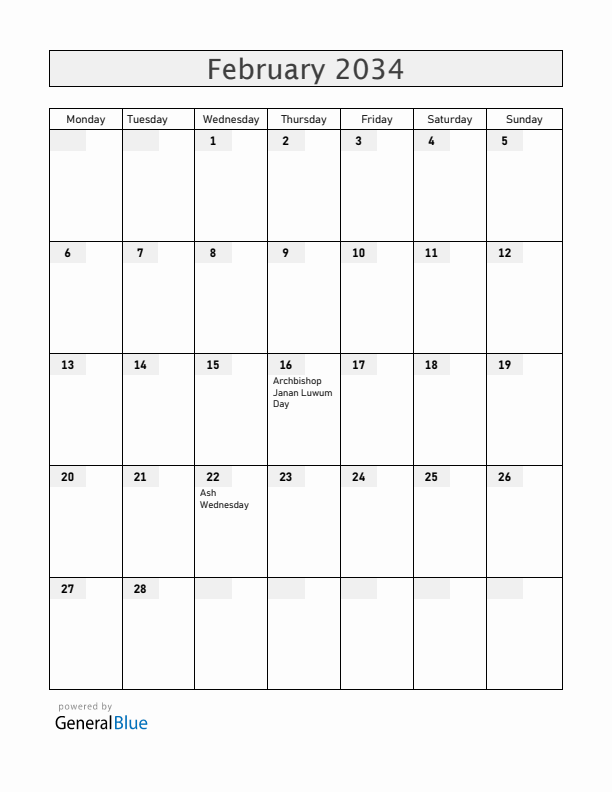 Uganda February 2034 Calendar with Holidays