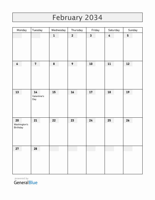 United States February 2034 Calendar with Holidays