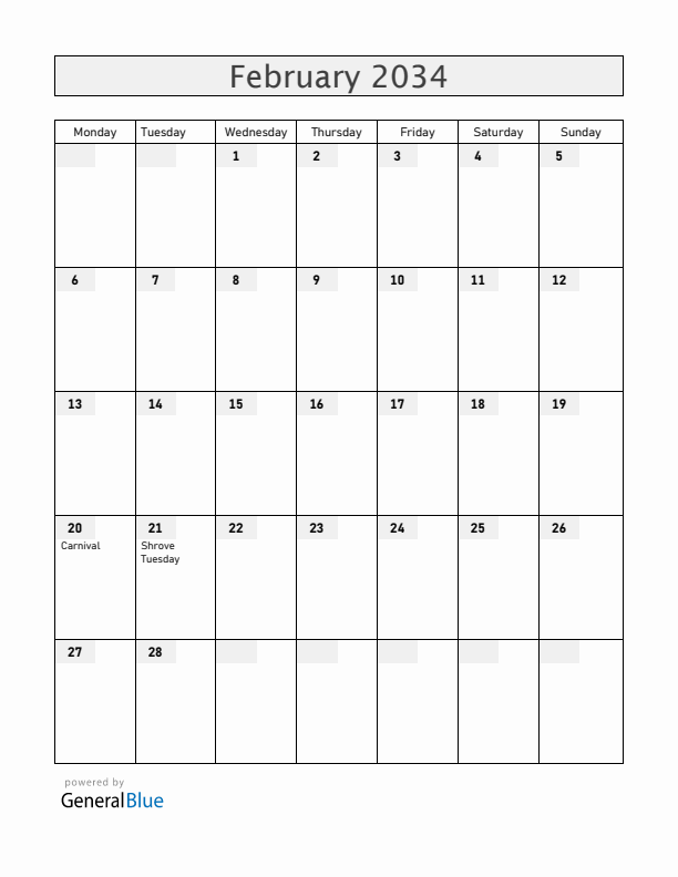 Uruguay February 2034 Calendar with Holidays
