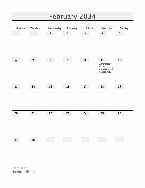 Vatican February 2034 Calendar with Holidays