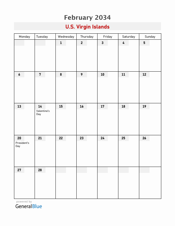 U.S. Virgin Islands February 2034 Calendar with Holidays