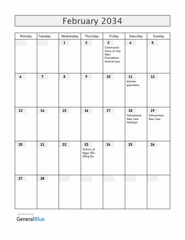 Vietnam February 2034 Calendar with Holidays