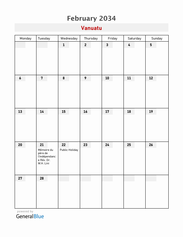 Vanuatu February 2034 Calendar with Holidays