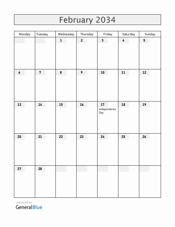 Kosovo February 2034 Calendar with Holidays