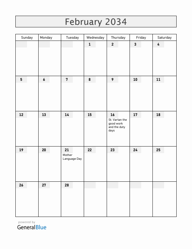 Armenia February 2034 Calendar with Holidays