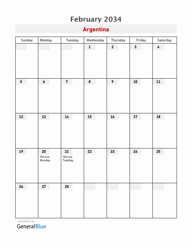Argentina February 2034 Calendar with Holidays