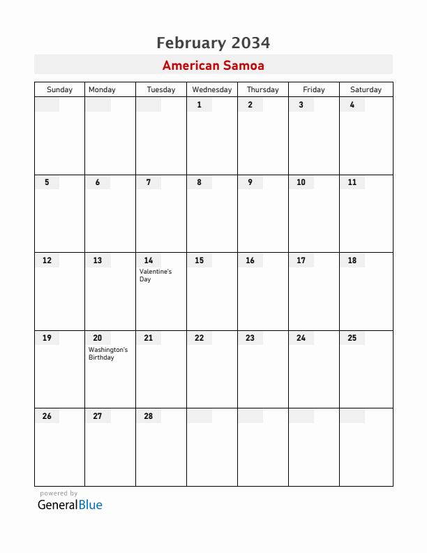 American Samoa February 2034 Calendar with Holidays