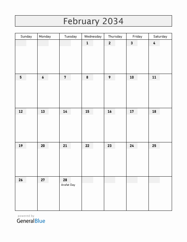 Bahrain February 2034 Calendar with Holidays
