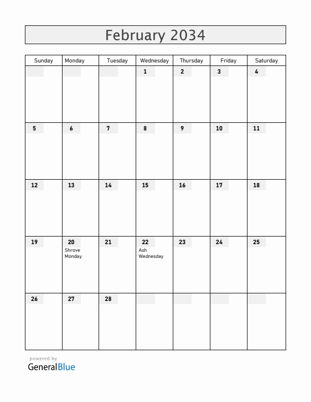 Saint Barthelemy February 2034 Calendar with Holidays