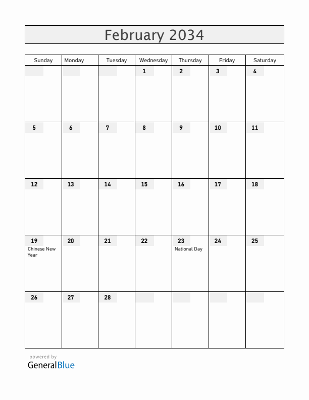 Brunei February 2034 Calendar with Holidays
