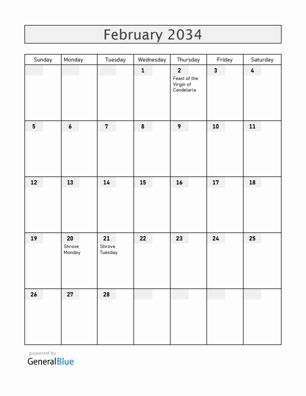 Bolivia February 2034 Calendar with Holidays