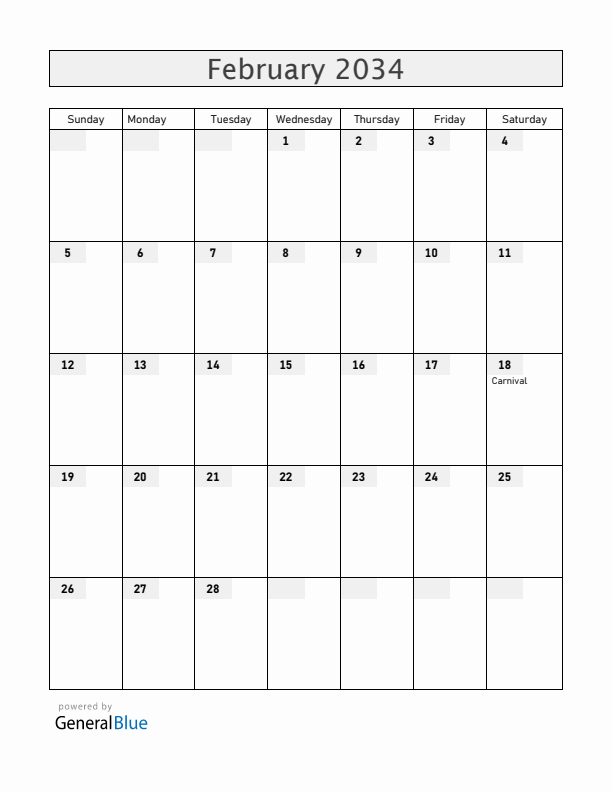 Brazil February 2034 Calendar with Holidays