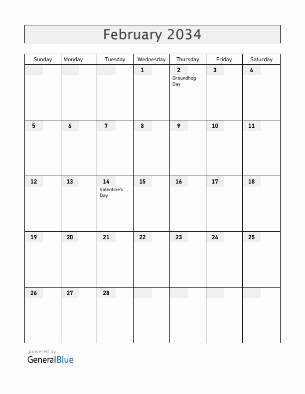 Canada February 2034 Calendar with Holidays