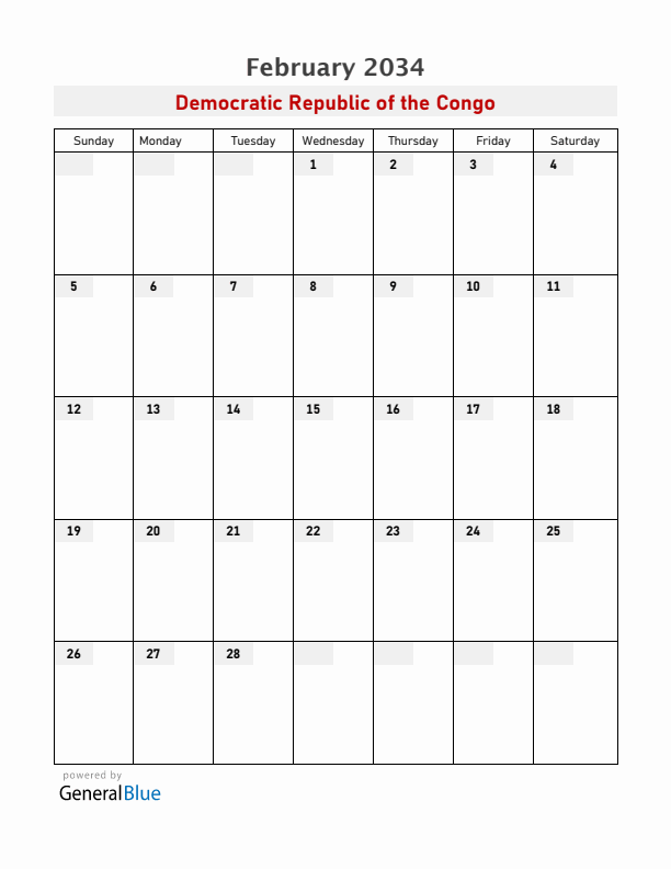 Democratic Republic of the Congo February 2034 Calendar with Holidays