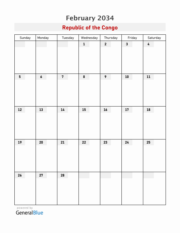 Republic of the Congo February 2034 Calendar with Holidays