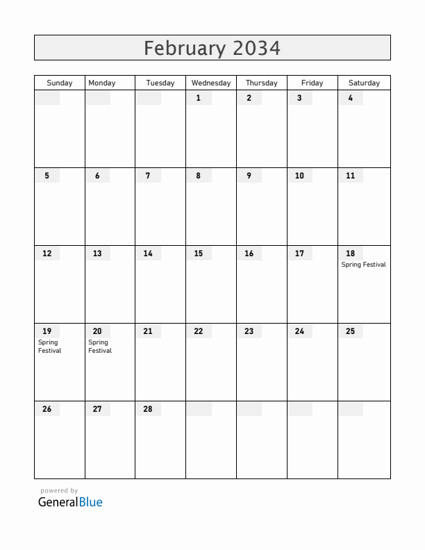 China February 2034 Calendar with Holidays