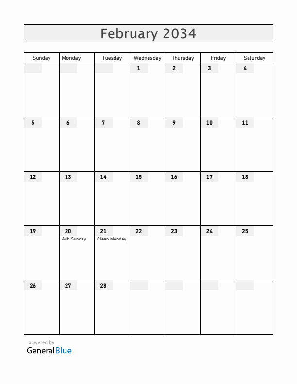 Cyprus February 2034 Calendar with Holidays