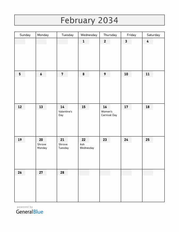 Germany February 2034 Calendar with Holidays