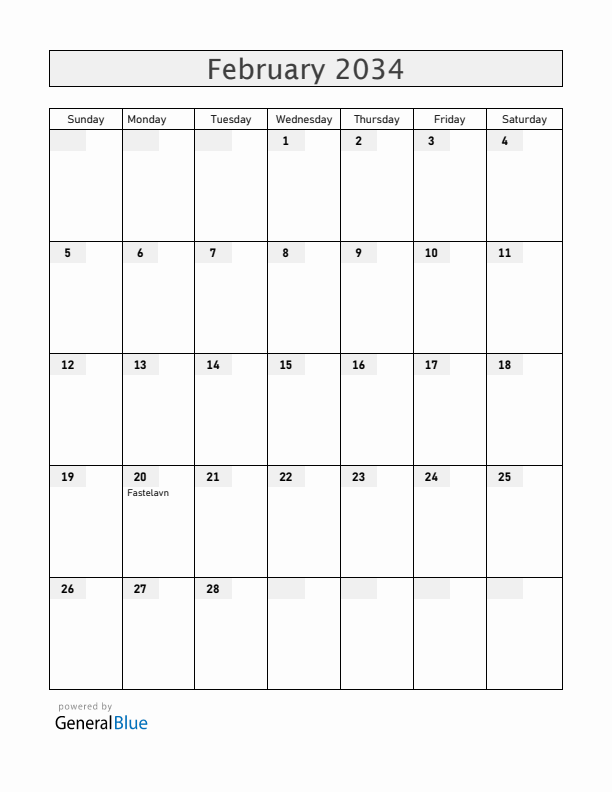 Denmark February 2034 Calendar with Holidays