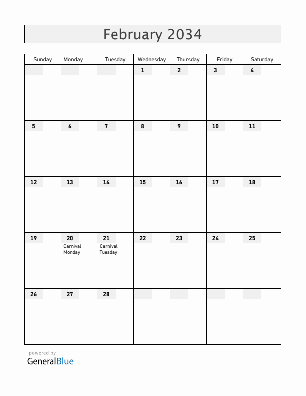 Dominica February 2034 Calendar with Holidays