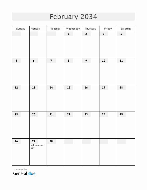 Dominican Republic February 2034 Calendar with Holidays