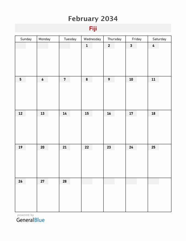Fiji February 2034 Calendar with Holidays