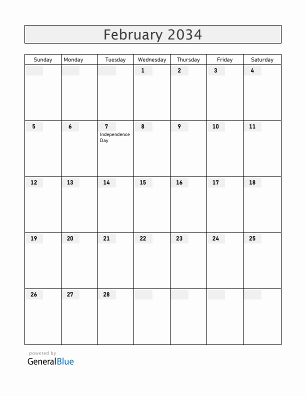 Grenada February 2034 Calendar with Holidays