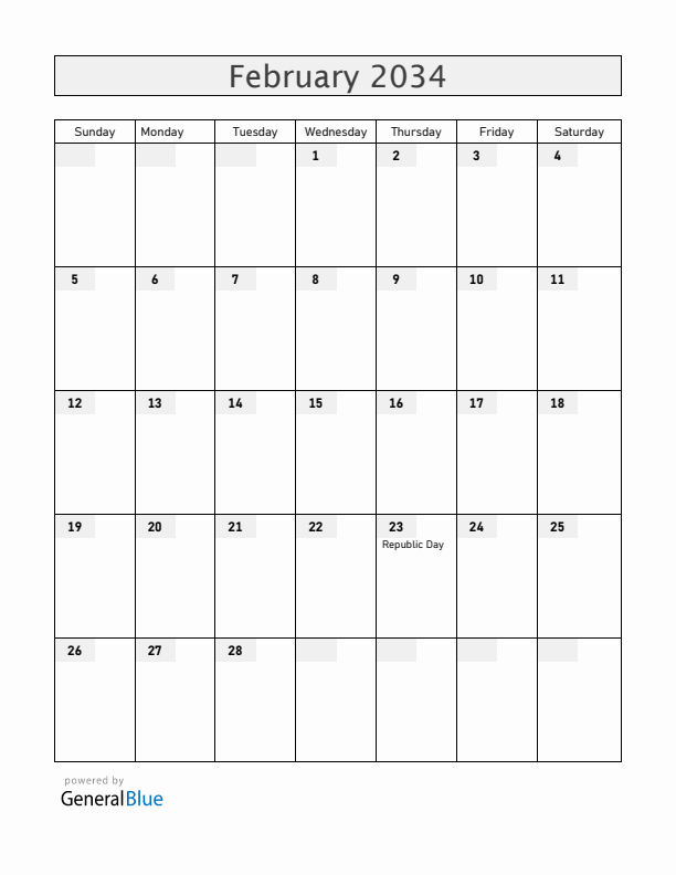 Guyana February 2034 Calendar with Holidays