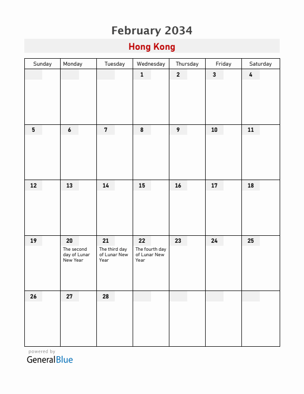 Hong Kong February 2034 Calendar with Holidays