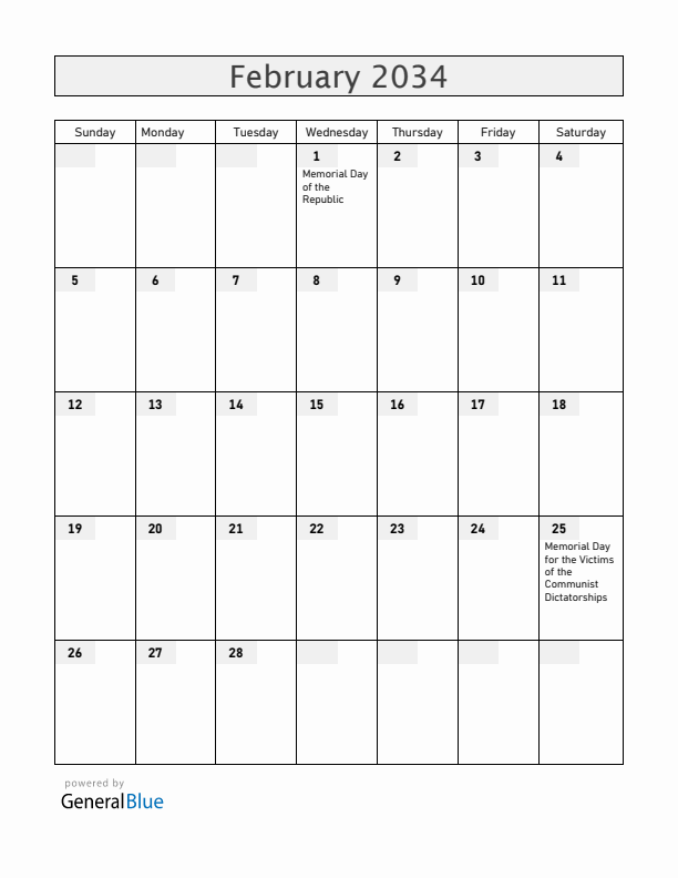 Hungary February 2034 Calendar with Holidays