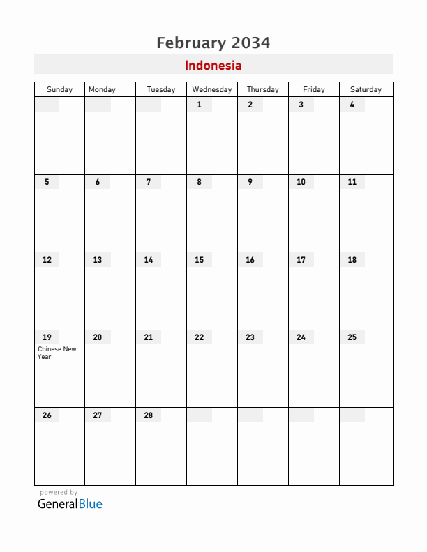Indonesia February 2034 Calendar with Holidays