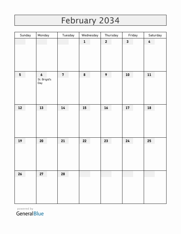 Ireland February 2034 Calendar with Holidays