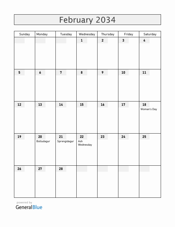 Iceland February 2034 Calendar with Holidays