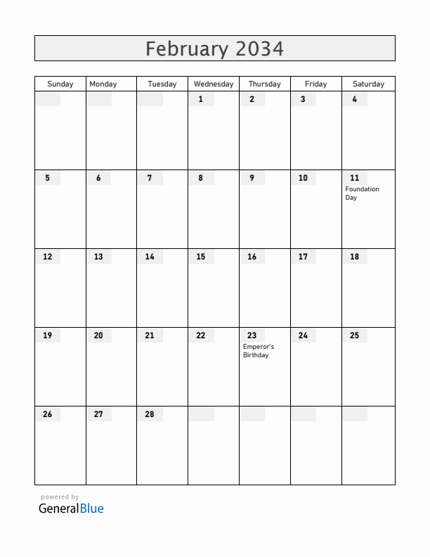 Japan February 2034 Calendar with Holidays