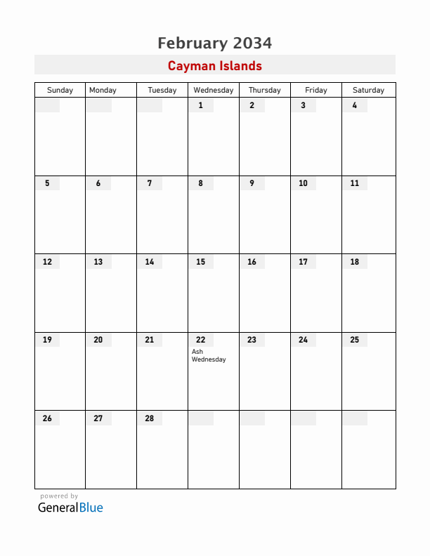 Cayman Islands February 2034 Calendar with Holidays