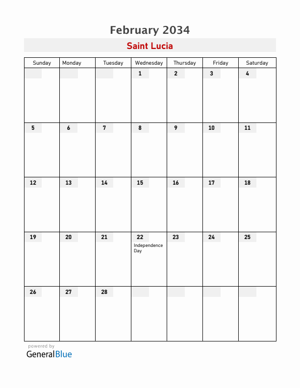 Saint Lucia February 2034 Calendar with Holidays