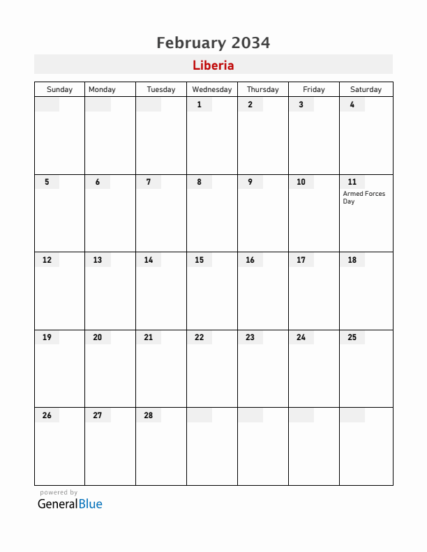 Liberia February 2034 Calendar with Holidays