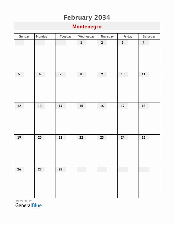 Montenegro February 2034 Calendar with Holidays