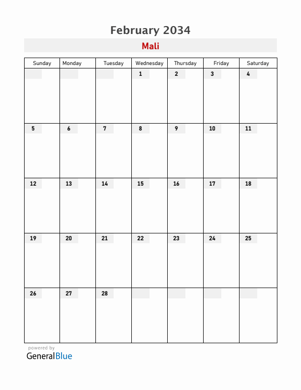 Mali February 2034 Calendar with Holidays