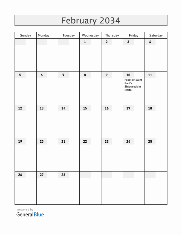 Malta February 2034 Calendar with Holidays