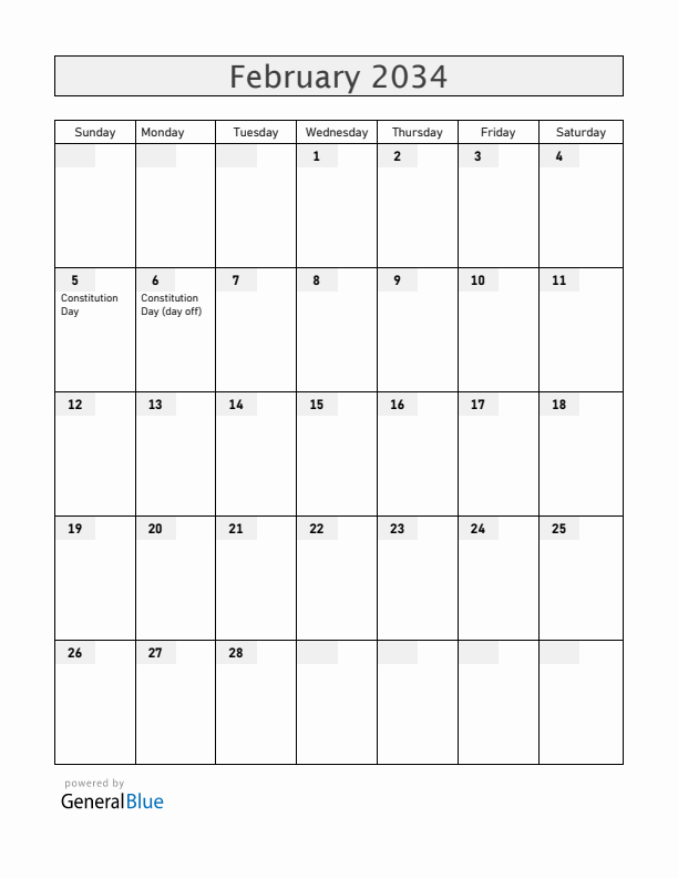 Mexico February 2034 Calendar with Holidays