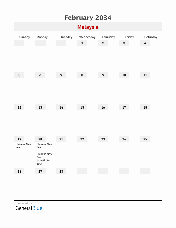 Malaysia February 2034 Calendar with Holidays
